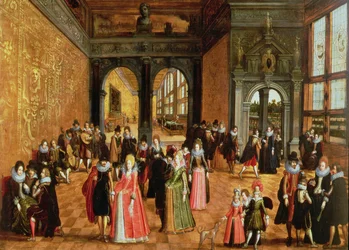 Ein Palastinterieur mit tanzenden und musizierenden Damen und Herren